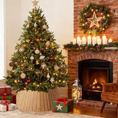 Sweetcrispy 27in Christmas Tree Collar, Wicker Skirt for 7.5ft Artificial Trees, 4-Piece Wicker Base Cover, Natural