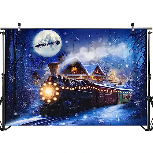 Mocsicka Christmas Train Backdrop for Photography Winter Train Xmas Snow Night Railway Party Background Wonderland Snowflake Portrait Photo Studio Props (7x5ft) - size: 7x5ft