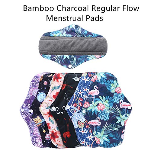Reusable Waterproof Bamboo Charcoal Menstrual Pad Sets - Panty Liner Regular Flow Heavy Flow (Zhutan, m) - 6 Count - Mixed Multi colors Randomly