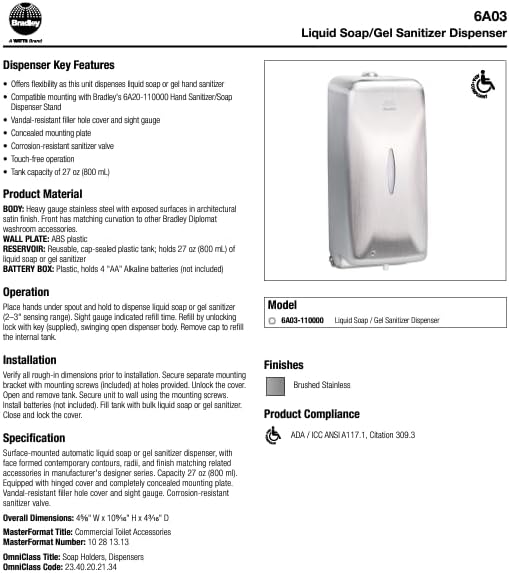 Bradley 6A03-110000 Automatic Liquid Soap/Gel Sanitizer Dispenser, 27-Ounces