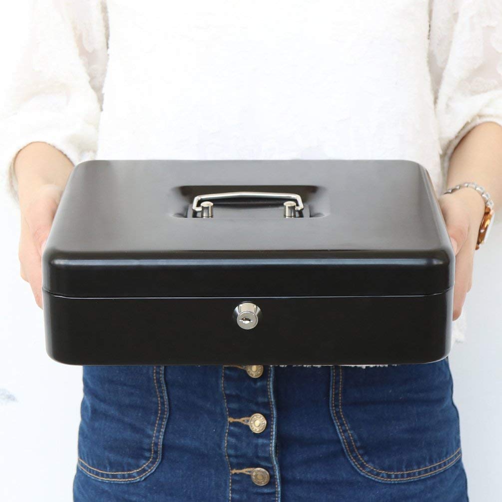 Jssmst Large Locking Cash Box with Money Tray, Lock Box with Security Cable Metal Money Box with Key Lock, Black, CB02304XL