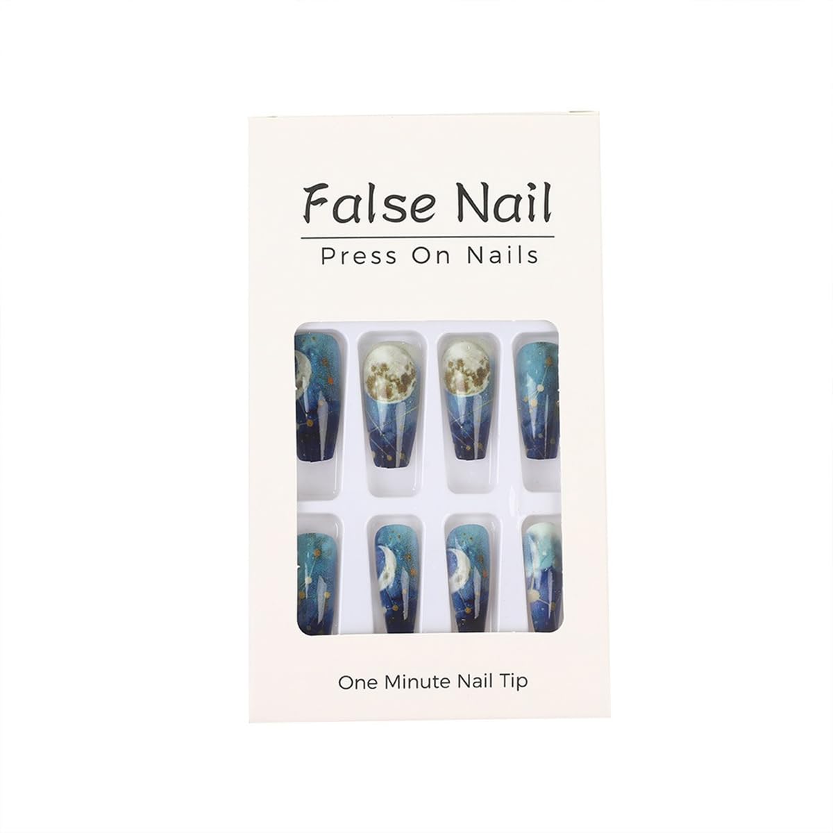 Coffin Press on Nails Medium False Nails Blue Gradient Fake Nails with Night Sky Designs Cute French Tip Acrylic Nails Reusable Glue on Nails Glossy Full Cover Stick on Nails for Women Girls 24Pcs
