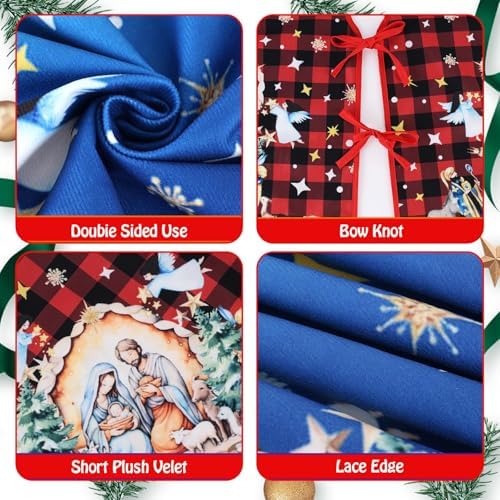 Reversible Nativity Scene Christmas Tree Skirt 36 Inch Religious Christmas Tree Mat Jesus Christian Christmas Tree Skirt Buffalo Plaid Holy Night Winter Holiday Tree Mat Decoration