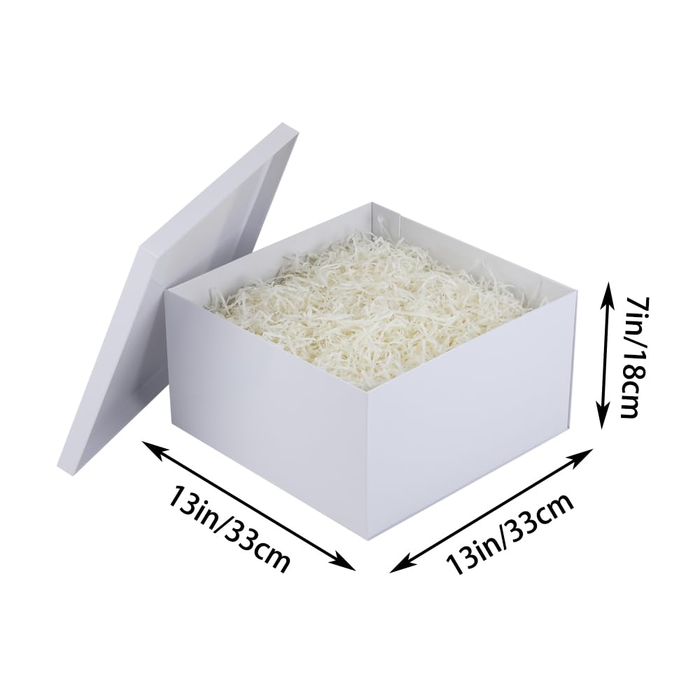 UoeRing 1Pcs White Extra Large gift box with lids 13×13×7 Inches gift boxes for presents,Birthday Box (include Ribbon, Paper Shred Filler Gift Card & Envelopes)