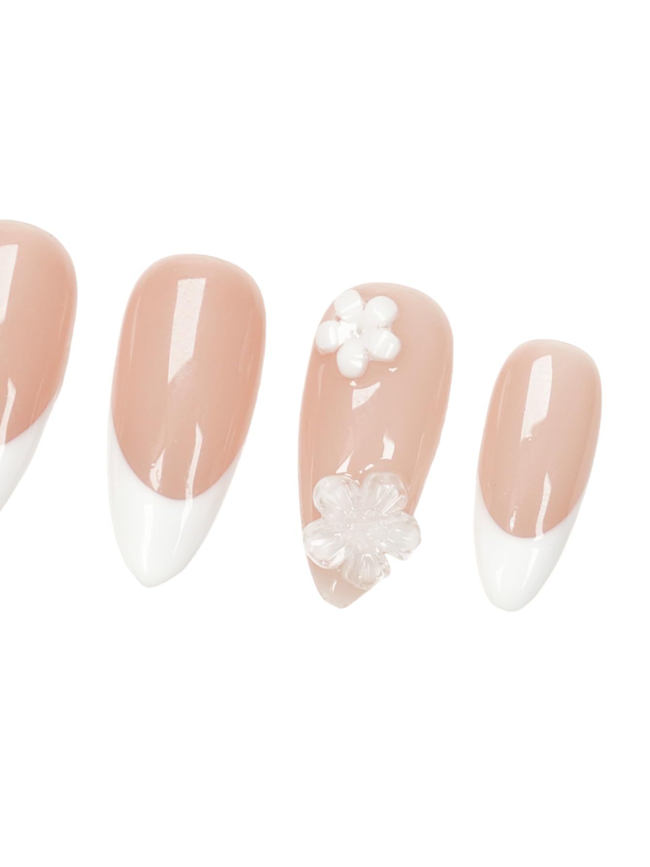 3D Pearl White Floral Red Press On Nails for Wedding, Handmade Medium Almond Nude Base White French-Tip Gel Acrylic 30pcs Reusable (Wedding Collection, Size M)