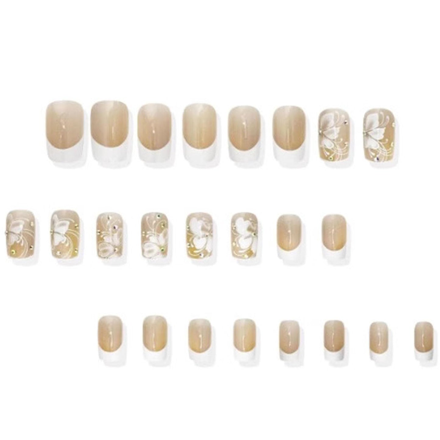French Tip Press on Nails Medium Square Fake Nails with Rhinestone White Flower Designs Glossy Nails Press ons Nude Full Cover Glue on Nails Summer Acrylic Artificial Stick on Nails for Wommer 24Pcs