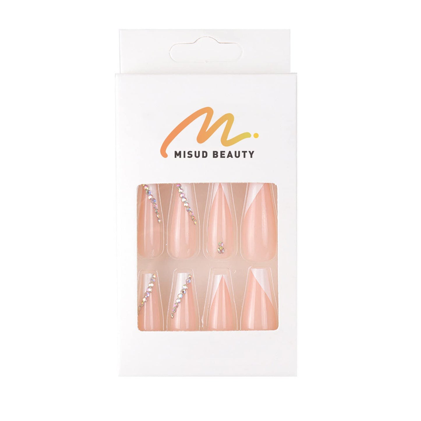 MISUD Press on Nails - Long Coffin Glue on Nails with White French Tip, Acrylic Rhinestone Design 24 pcs