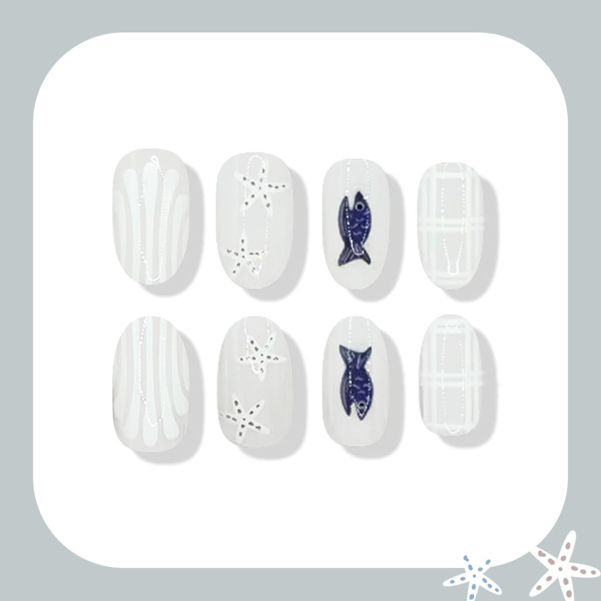 24 Pcs Summer Ocean Press on Nails Short Oval WLGDLH Fake Nails, White False Nails Press ons with Blue Small Fish Starfish Striped Design, Glue on Nails for Women Manicure, Glossy Finish