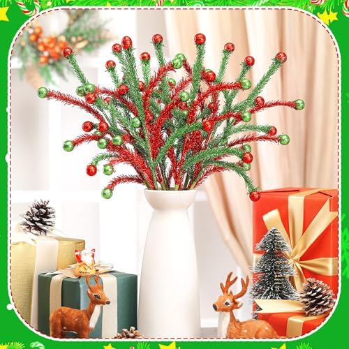 Norme 12 Pcs 13.8 Inch Red and Green Sparkle Christmas Tree Picks and Spray
