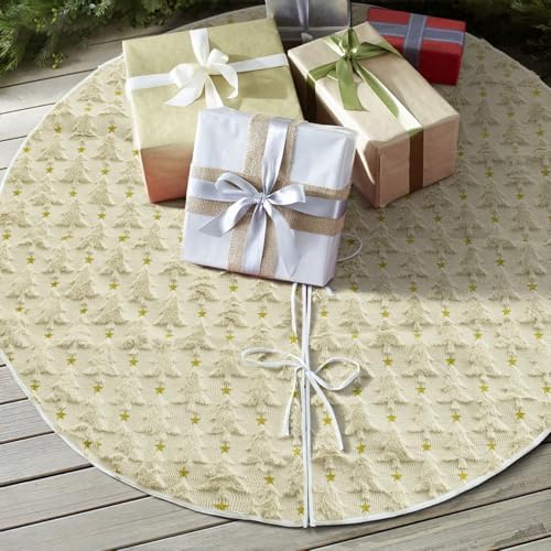 AVOIN colorlife Soft Plush Faux Fur Christmas Tree Skirt 36 Inch, Jacquard Beige Xmas Star Pine Trees Winter Holiday Mat Decoration