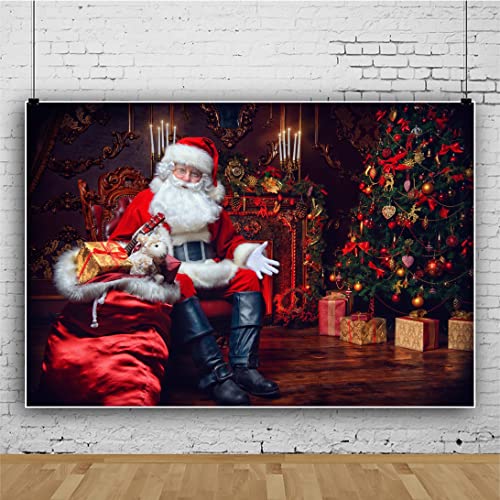 10x8FT Christmas Backdrop Santa Claus Christmas Tree Indoor Photography Background Winter Christmas Tree Gifts Decoration Backdrop Xmas Holiday Photo Props Booth Portrait Party Banner - size: 10x8
