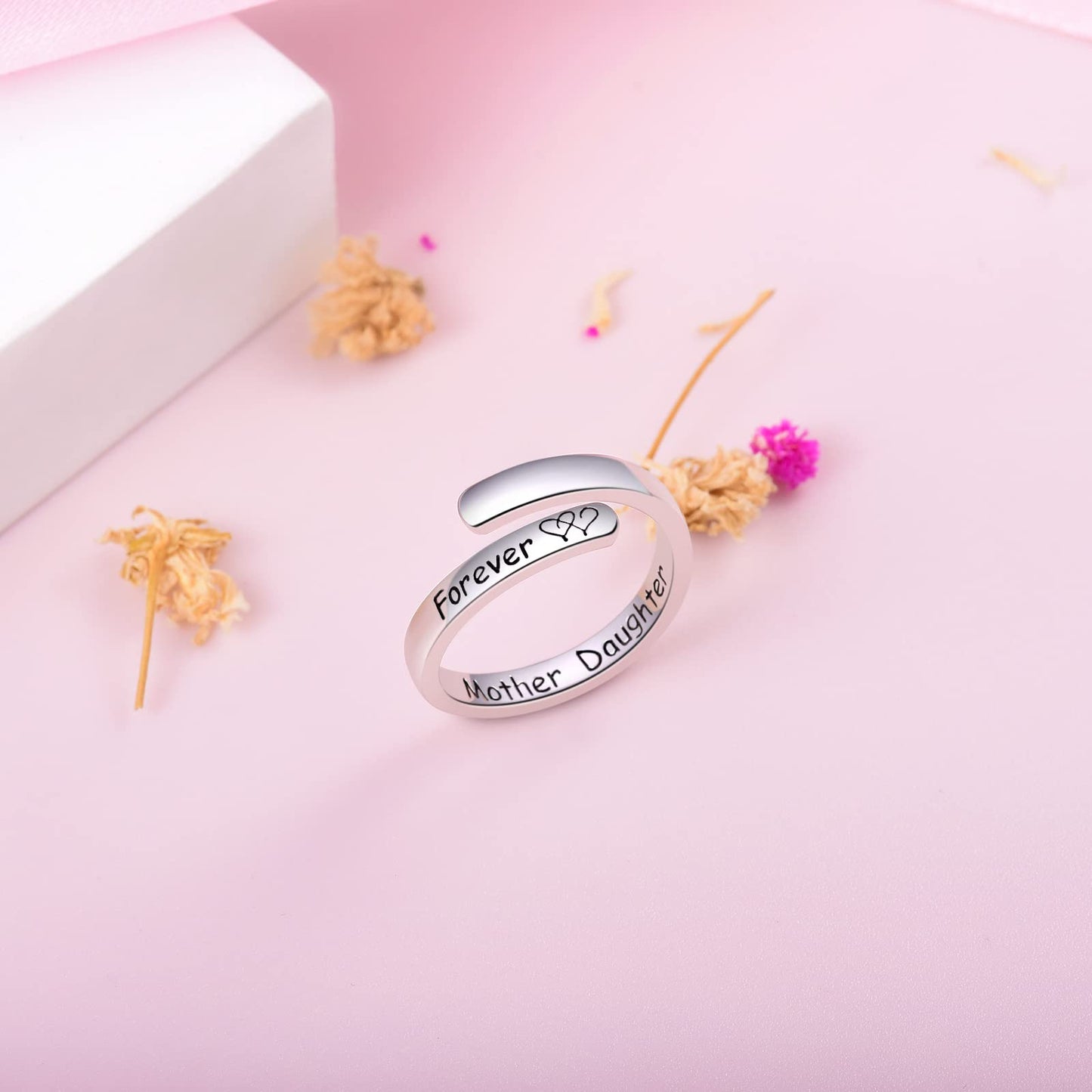 Silver Adjustable Ring Inspirational Jewelry S925 Sterling Wrap Open Ring for Women(Mother Daughter Forever)