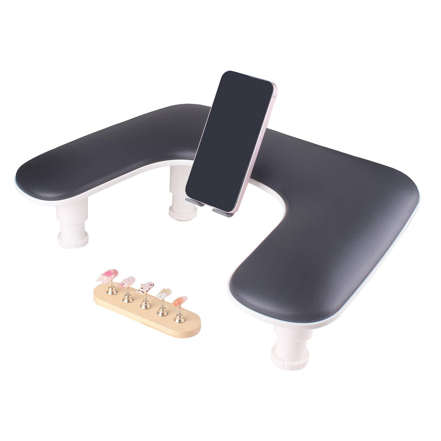 Manicure Arm Rest with Rotating Phone Holder for Nails Tech, U - Shaped Adjustable Nail Hand Rest Stand PU Leather (Black)