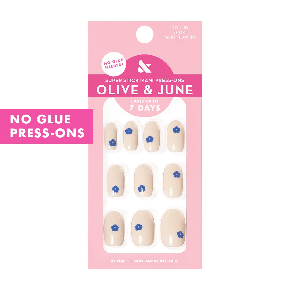 Olive & June Classic Super Stick Mani Press On Nails | No Glue Needed | 32 Tab Nails 16 Sizes | Non-Toxic Tabs Non-Damaging 7-Day Wear | Spring Flowers & Patterns | Short, Round | Mod Flowers