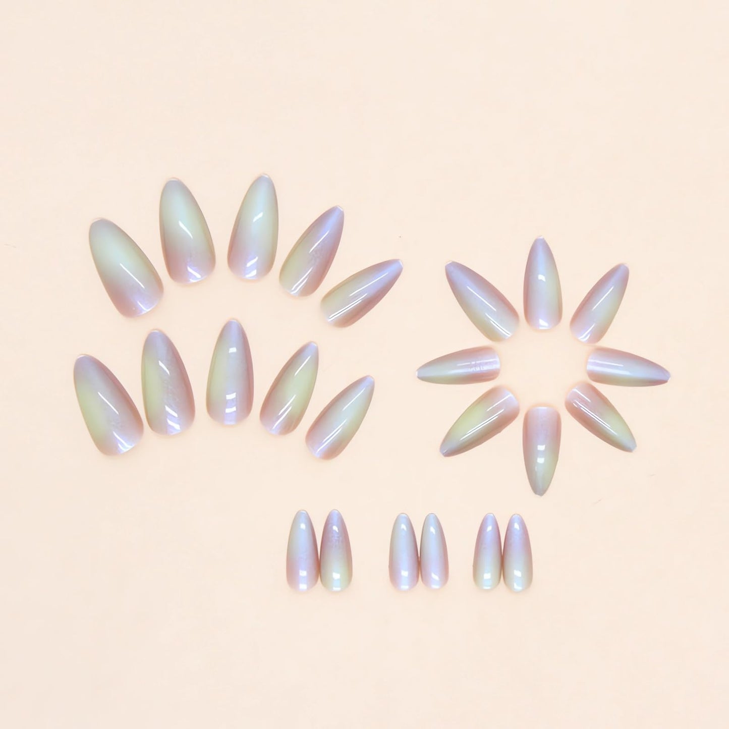 IMSOHOT Almond Press on Nails Medium Aurora Fake Nails Glossy Full Cover Acrylic False Nails Stiletto Chrome Artificial Glue on Nails for Women and Girls 24pcs