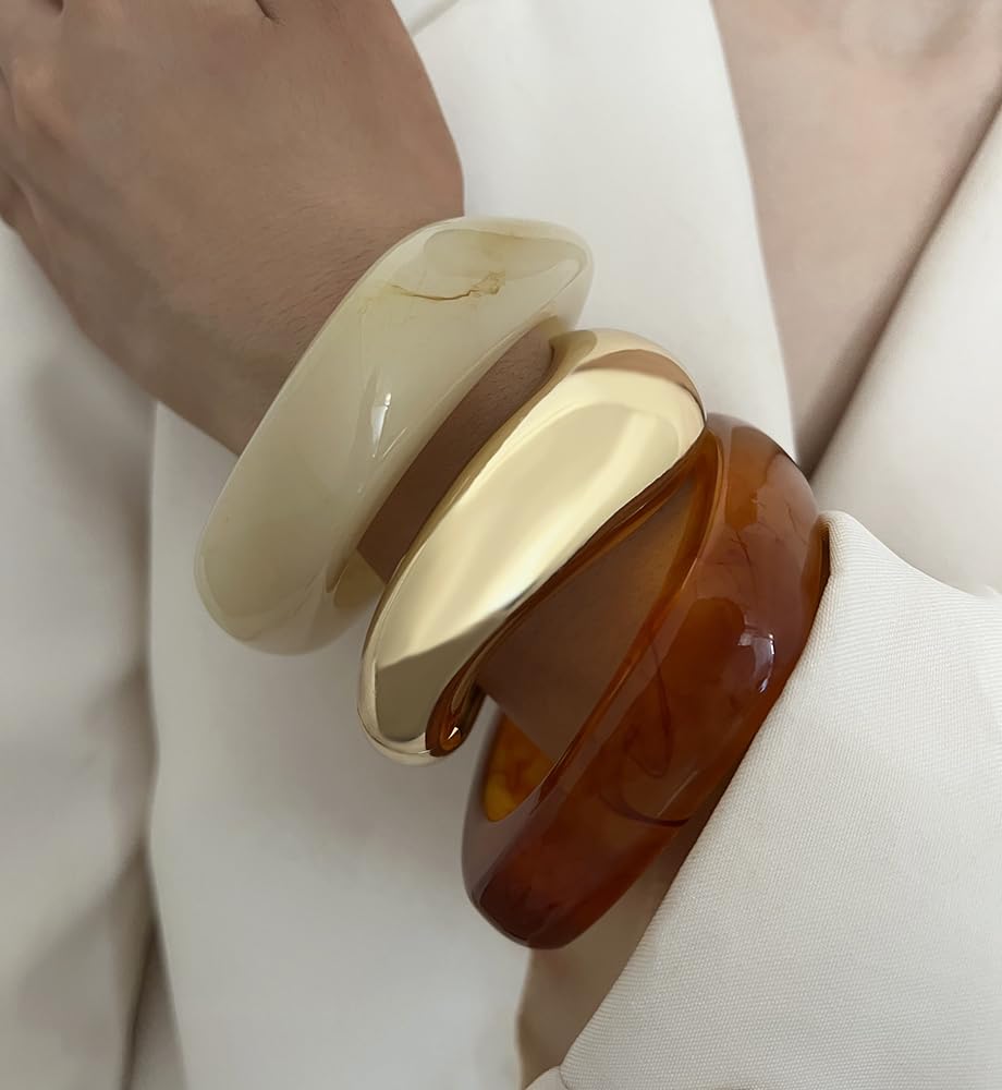 Chunky Gold Acrylic Bangle Bracelets for Women, Dainty 14k Gold Plated Big Stackable Orange Bangles Set, Trendy Cuff Bracelet Summer Beach Jewelry Gifts Amber Bangle