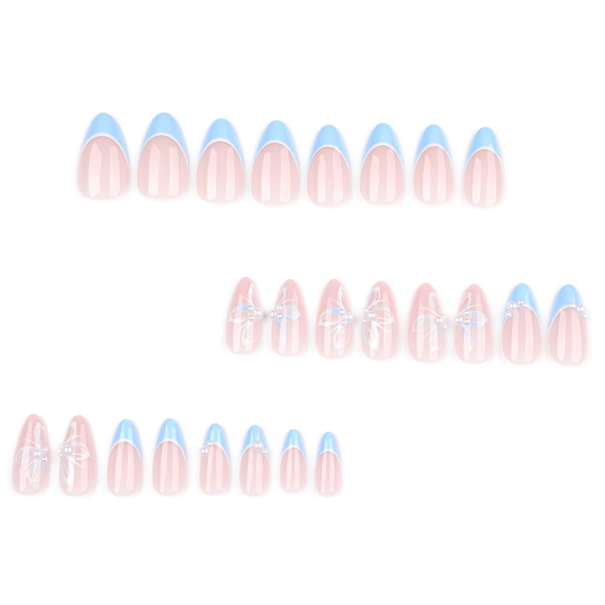 Blue French Tip Almond Press On Nails with Glue, Acrylic Butterfly Pearl Fake Nails for Women, Elegant Handmade 3D Stick On Nails, 24Pcs Reusable Medium Length False Nails for Wedding Party Daily