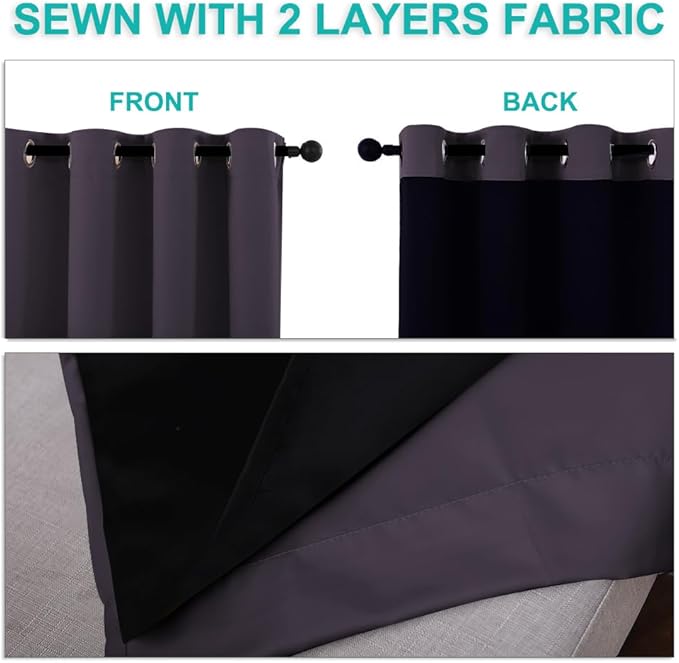 NICETOWN 100% Blackout Window Curtain Panels, Greyish Purple, 2 Pieces, 70-inch Wide Per Panel, Full Light Blocking Drapes with Black Liner for Nursery, 72-inch Drop Thermal Insulated Draperies