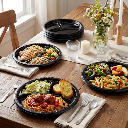 Umigy 100 Pcs 10 Inch 3 Compartments Divided Plastic Plates Bulk Colorful Disposable Heavy Duty Round Dinnerware for Valentine Wedding Birthday Party (Black) - color: Black