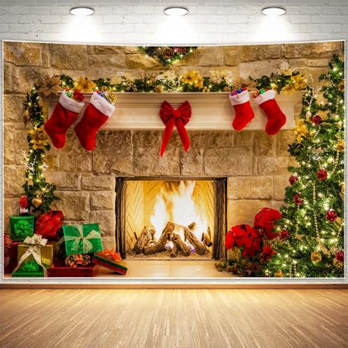 7x5ft Christmas Fireplace Theme Backdrop for Photography Tree Sock Decorations for Xmas Party Supplies Photo Background Pictures Banner Studio Decor Booth Props - size: 7ft by 5ft