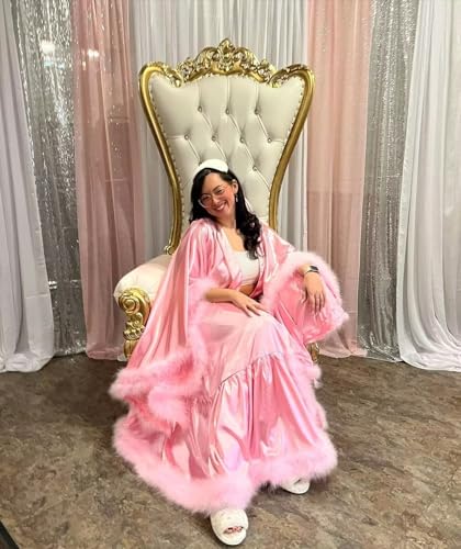 Feather Silk Satin Bridal Robe Long Wedding Scarf Illusion Bathrobe Sleepwear for Women Sexy Lingerie Nightgown - color: Teal, size: Large-X-Large