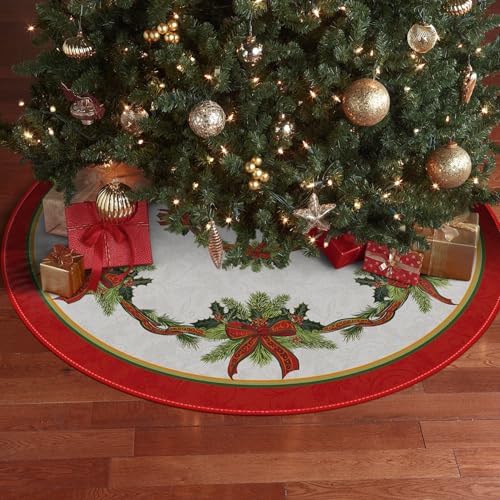 AVOIN colorlife Christmas Tree Skirt 48 Inch, Christmas Ribbon Holly Winter Holiday Tree Mat Decoration
