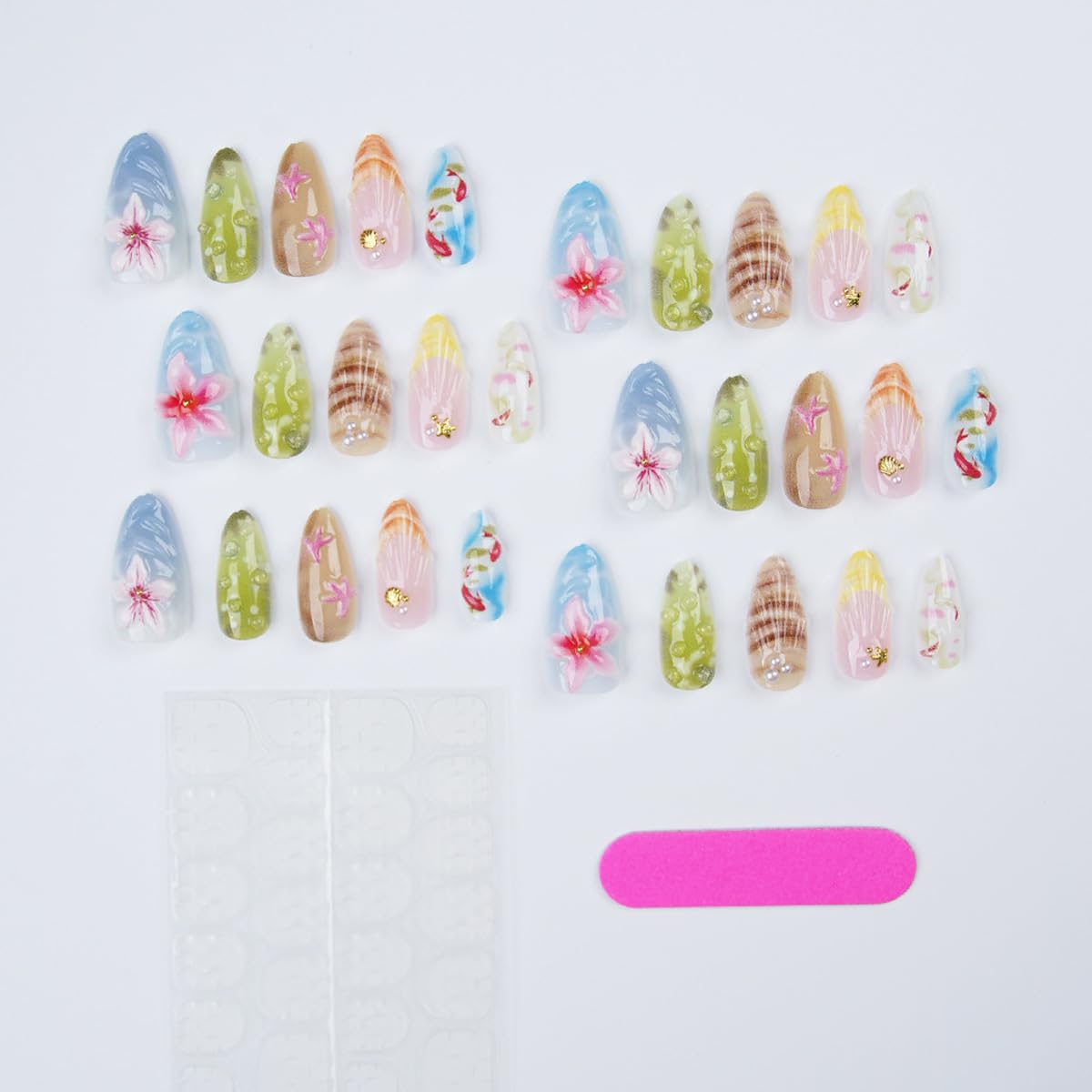 30Pcs Summer Press on Nails Medium Almond French Tip Fake Nails 3D Gold Shell Rhinestones with Flower Chinese Style Zen Ocean Designs Koi Fish False Nails Cute Stick on Nail for Women Acrylic Manicure