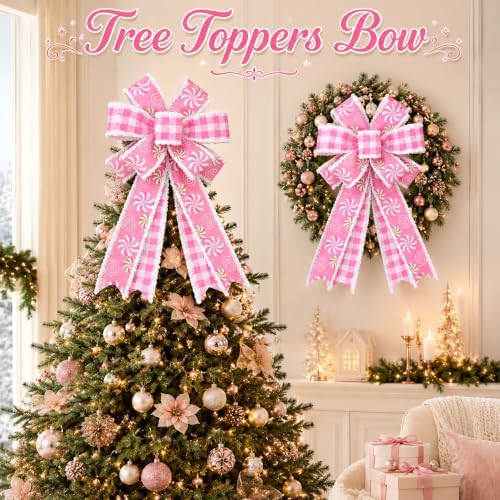 2 Pack Large Pink Christmas Bows for Wreath, 20 x 11 Inch Pre-Tied Wired Ribbon Bows, Candy Theme Tree Topper Bow for Front Door, Garland, Fireplace, Indoor Outdoor Holiday Decorations (Pink)