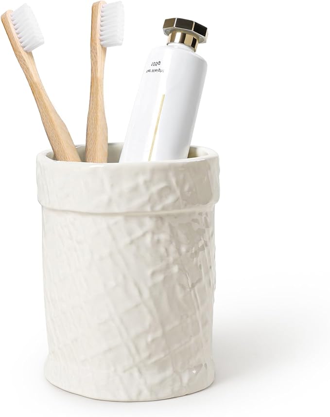 Toothbrush Holder, Tooth Brush Holder for Bathroom - Ceramic Toothbrush Cup Beige Toothbrush Holders Countertop, Makeup Brush Holder Pen Holder, 3.54" x 3.54" x 4.33", ANTIS'S HOME