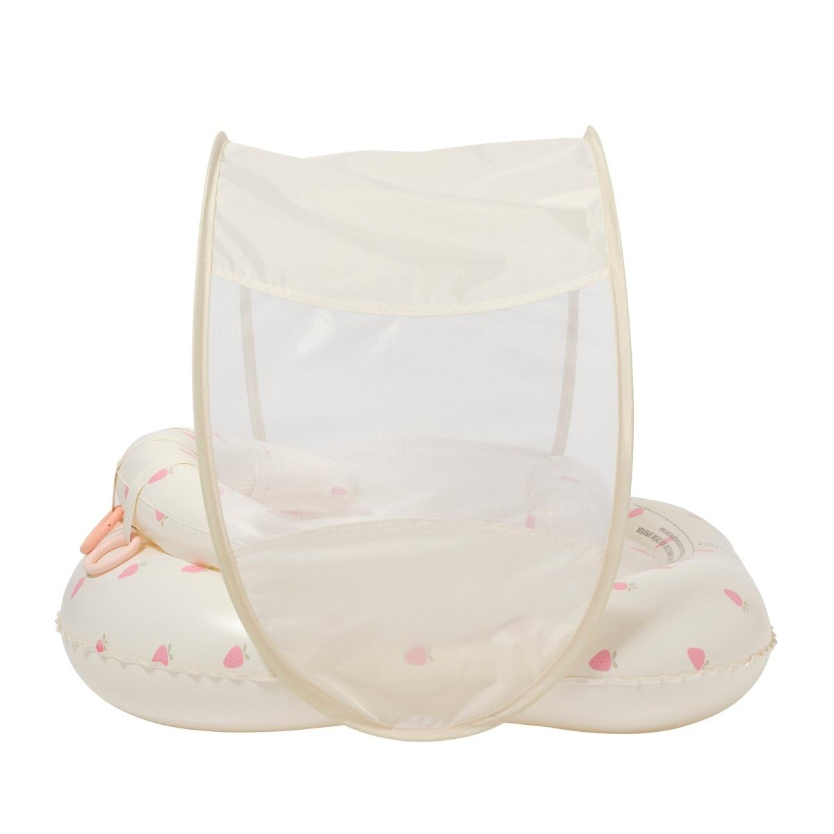 SUNNYLiFE Baby Float with Canopy — UPF40 Infant Pool Float, Adjustable Fabric Seat, 4 Silicone Play Rings | 6-12 Months - Strawberry Sunshine Pink