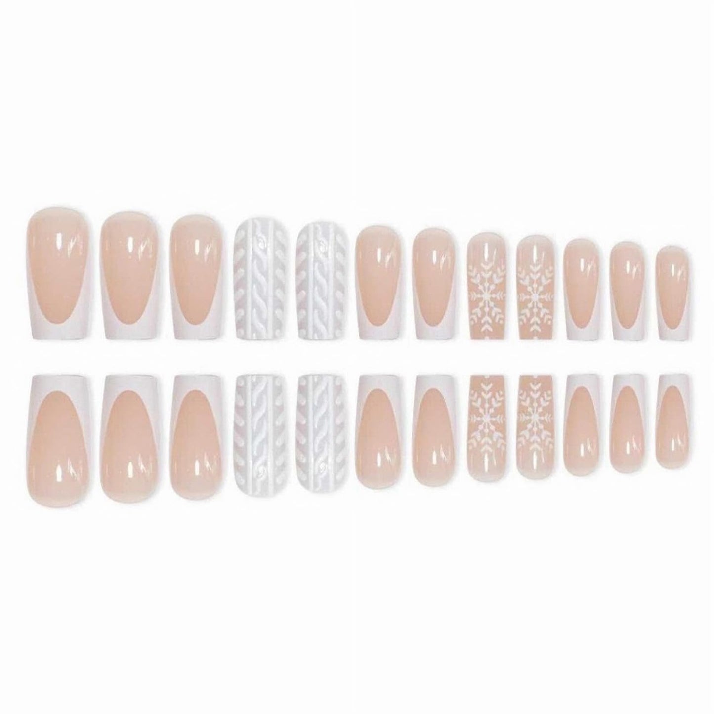 MISUD Press on Nails - Long Square Fake Nails with White French Tip, Acrylic Winter Snowflake Sweater Design 24 pcs