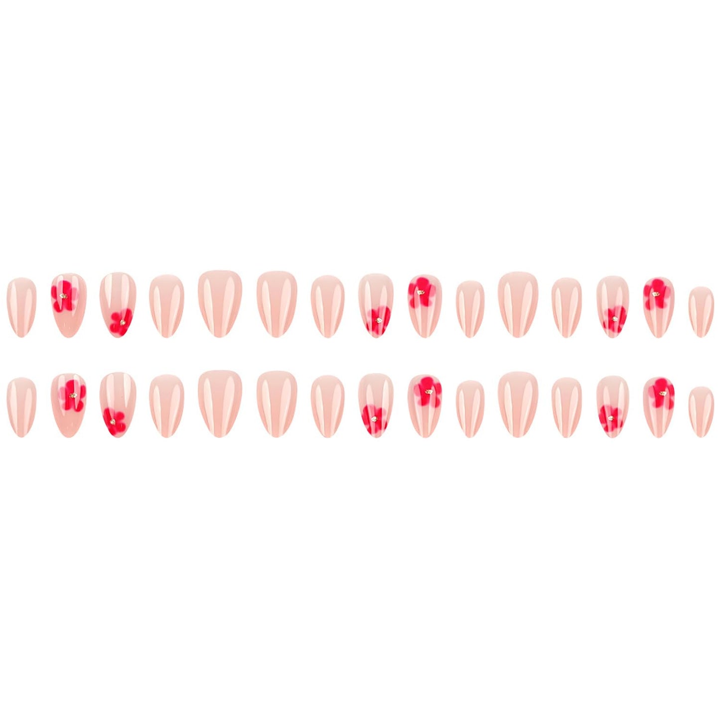 Short Press on Nails Almond Nails Pink Flower Press Ons with Design Cute Fake Nails Glossy Press on Nail Nude Pink False Nails Reusable Acrylic Nails for Women 24 Pcs