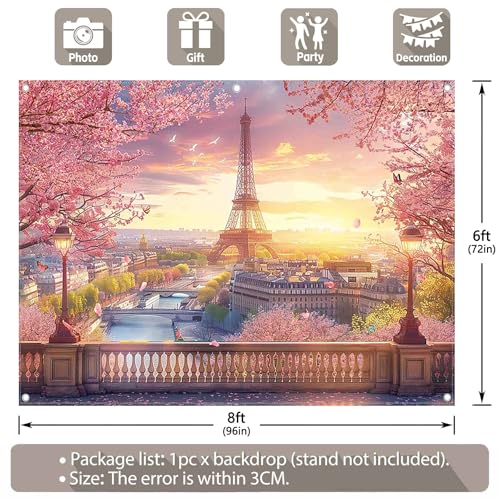 8x6ft Fabric Eiffel Tower Backdrop Paris Landscape Floral Lake Bridge Photography Background Wedding Girls Birthday Party Decorations Photo Booth Props - size: 8'x6'