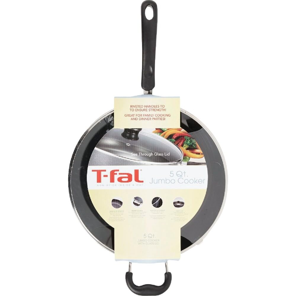 T-Fal Specialty Nonstick Saute Pan with Glass Lid 5 Quart, Oven Broiler Safe 350F, Cookware, Deep Frying Pan with Handle, Skillet, Kitchen, Pots and Pans, Dishwasher Safe, Black