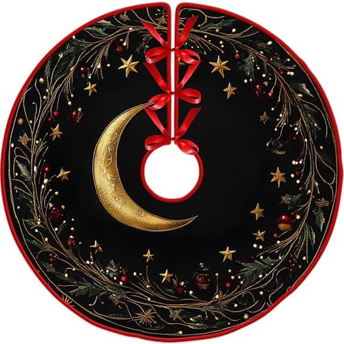 36 inches Red Christmas Tree Skirt Moon and Stars Xmas Tree Skirt by Leo Walker with Santa Claus Red Black Buffalo Plaid Edge Rustic Vintage Christmas Decorations for Holiday Party