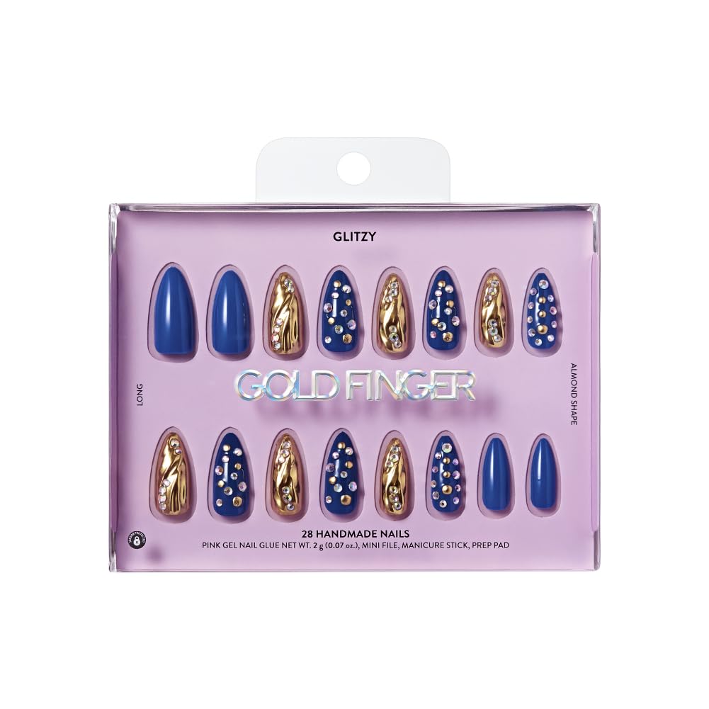 Glitzy 3D Handmade Press On Nail Kit, Rhinestone Gem Blue Gold Chrome Long Almond False Nail, Reusable & Lasts Up To 2 Weeks, Seamless Snug Fit Technology, Includes Glue, File & 28Pcs Manicure Set