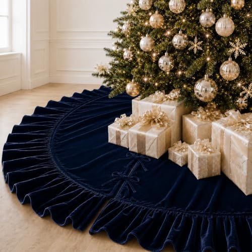 Christmas Tree Skirt,Velvet Tree Skirt with Ruffled Edge, Classic Large Velvet Fur Plush Tree Skirt for Merry Christmas(Nevy,36Inch)