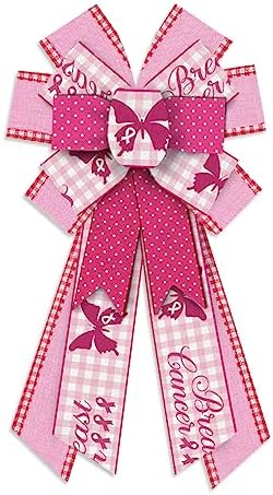 Estivaux Large Breast Cancer Awareness Bows for Wreath, Breast Cancer Awareness Cheer Wreath Bows Pink White Buffalo Plaid Bow Holiday Farmhouse Craft Bows for Front Door Health Awareness Themed Favor