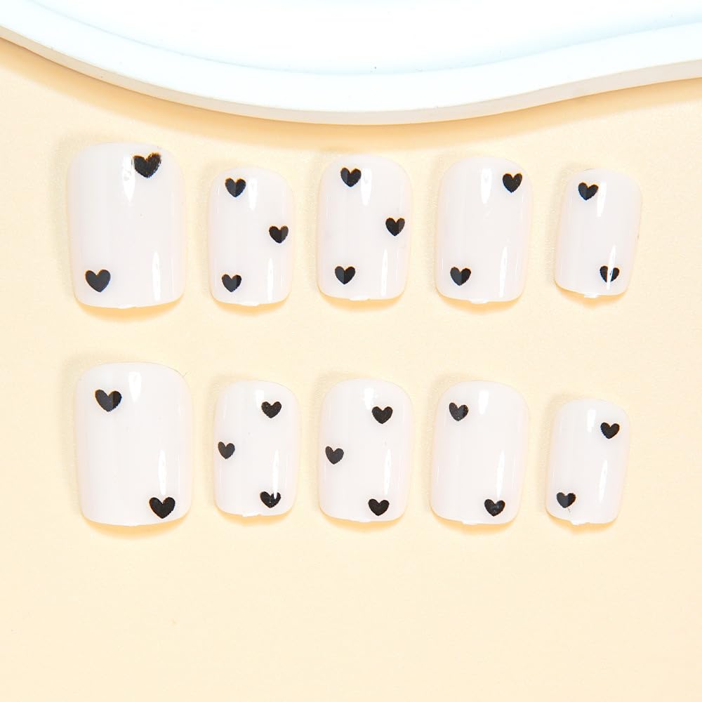 Square Press on Nails Short Glossy White Fake Nails with Black Heart Design Full Cover Winter Stick on False Nails for Women 24 Pcs