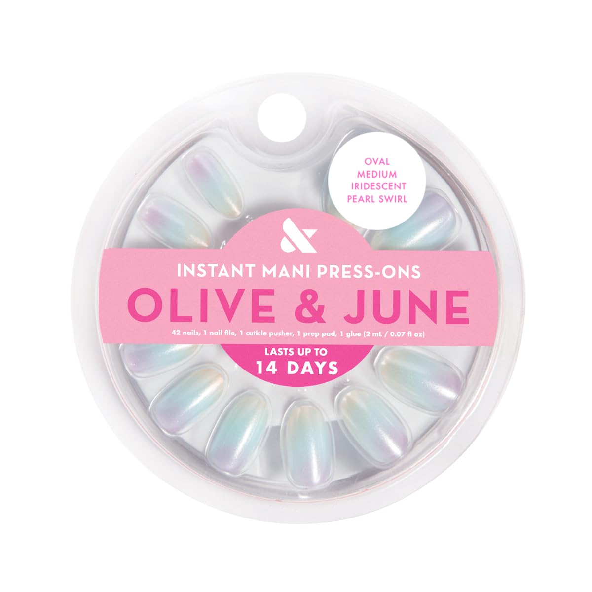 Olive & June Instant Mani Press-On Nails (Glue) | 42 Fake Nails, 21 Sizes | Non-Toxic Long-Lasting Recycled Materials Realistic Look | Salon-Quality | Medium, Oval | Iridescent Pearl Swirl Shimmer