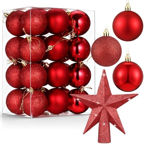 RoundFunny 25 Pcs Mini Christmas Balls Ornaments Set 2.36 Inch Christmas Day Ball Topper Star Tree Hanging Ornaments for Party Decoration(Red)