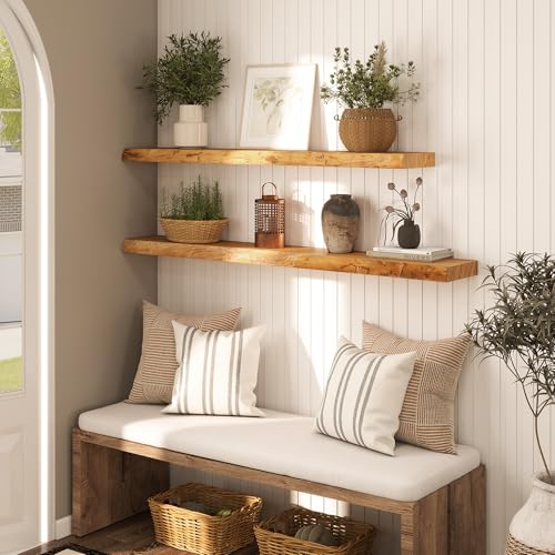Live Edge Floating Shelf 55 Inch Extra Long | Solid Rustic Elm Wood with Invisible Brackets | Wall Mounted Shelf for Living Room, Kitchen, Bathroom | Natural - color: Clear Natural, size: 55"L, 1-Pack