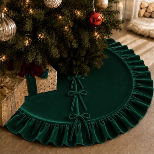 Christmas Tree Skirt,Velvet Tree Skirt with Ruffled Edge, Classic Large Velvet Fur Plush Tree Skirt for Merry Christmas(DarkGreen,48Inch)