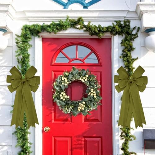 Meseey Double Pack 20X10 Inch Oversized Sage Green Burlap Bows Farmhouse Christmas Tree Topper & All-Weather Wreaths Decor, Heavy Duty Gift Wrapping Accents for Front Door/Cabinet (Sage Green)