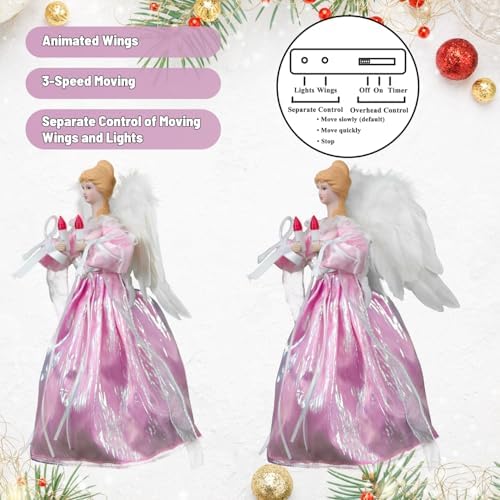 Moving Angel Tree Topper with Lights, 12’’ Pink, Separately Controlled Flapping Wings and Bright LEDs, 6 On / 18 Off Hours Cycle