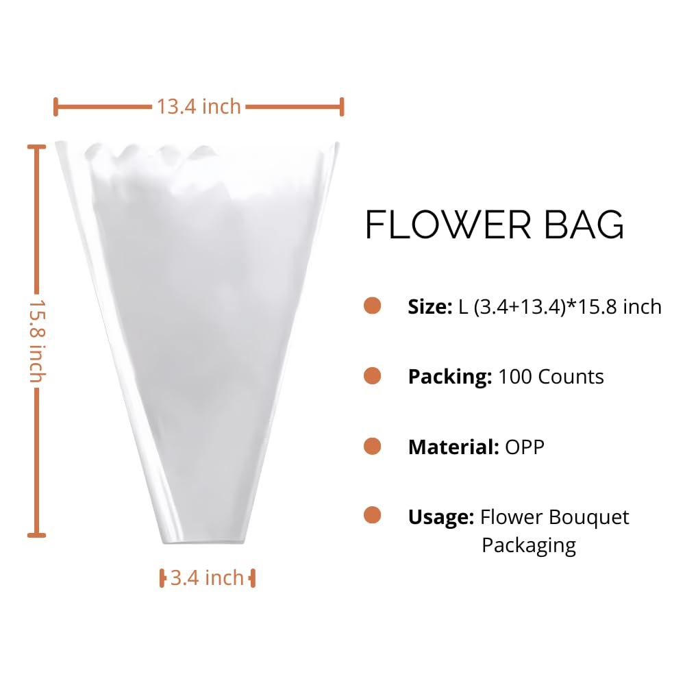 BBJ WRAPS Flower Sleeves for Bouquets Clear Rose Flower Bouquet Packaging Bags Floral Arrangement Supplies, 100 Counts (L)
