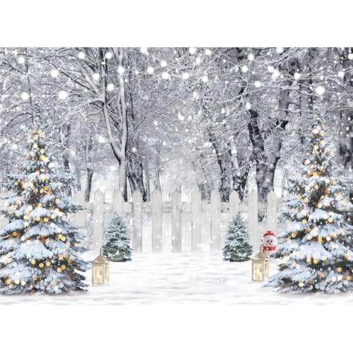 8x6ft Christmas Backdrop Winter Snow Forest White Fence Background Christmas Trees String Lights Lantern Snowman Photography Backdrop Holiday Party Banner Home Decor 115 - size: 8x6ft