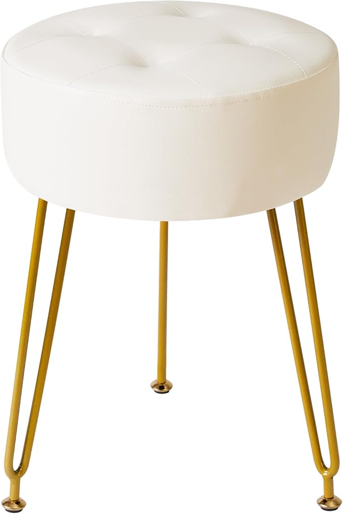 IBUYKE Faux Leather Round Footrest Stool, Makeup Vanity Stool Side Table, PU Dressing Table Seat, Pouf Couch Stool, Golden Steel Legs, White LG-31W