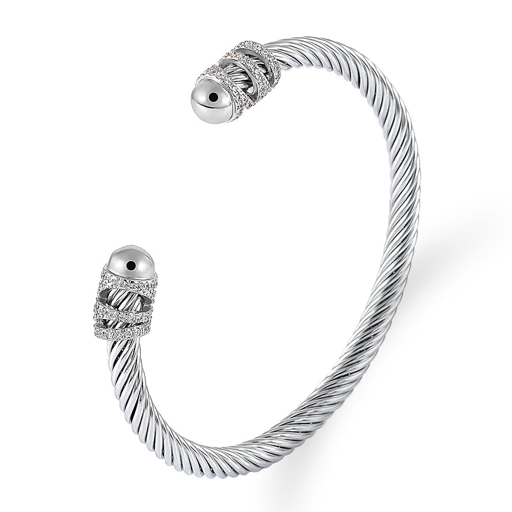 WCB1FPu Stainless Steel Cable Wire Open Cuff Adjustable Size Bangle Zircon inlaid Bracelet (3)