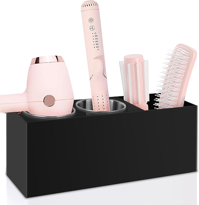 Hair Tool Organizer, Hair Dryer Holder with Heatproof Steel Cups, Acrylic Vanity Organizer for Curling Iron, Flat Iron & Hair Brushes, Perfect for Bathroom (Black, Standard)
